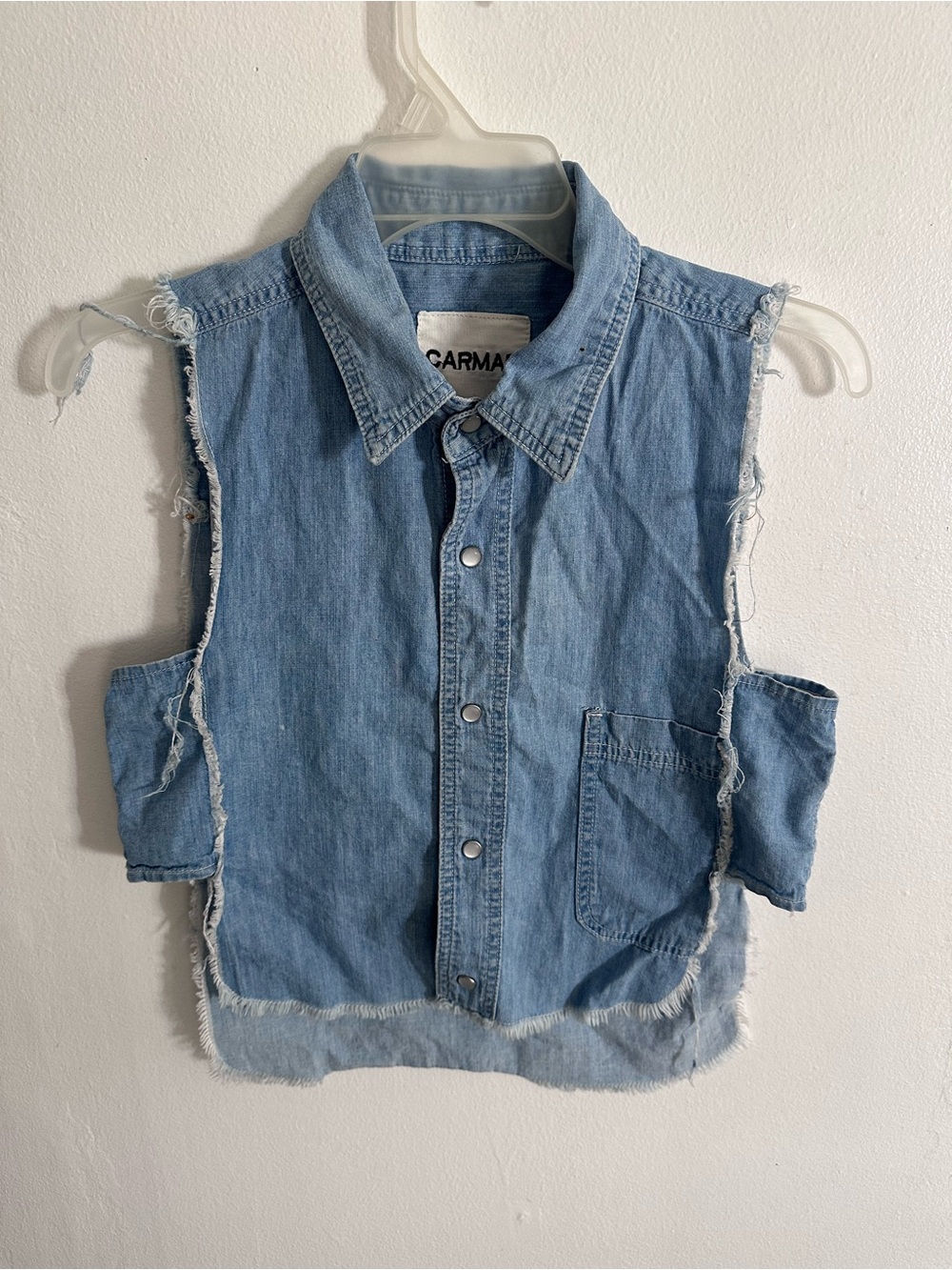 CARMAR Distressed Raw Hem Denim Vest Crop Top Size Small Light Wash Y2K Grunge